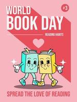 gelukkig wereld boek dag, verspreiding de liefde van lezing. jaren 70 tekenfilm stijl vector