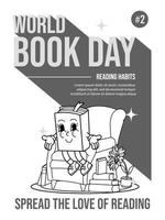 gelukkig wereld boek dag. lezing gebruiken. zitten Aan de bankstel bw. jaren 70 tekenfilm stijl. vector