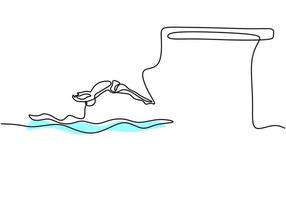 een doorlopende lijntekening sportieve jongeman springen van duikplank en schoonheid salto in het zwembad. watersport competitie evenement concept. gezonde levensstijl vectorillustratie vector