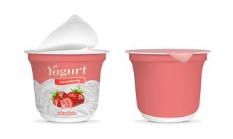 realistisch gedetailleerd 3d Open aardbei yoghurt verpakking houder en leeg sjabloon mockup set. vector