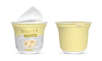 realistisch gedetailleerd 3d Open Grieks banaan yoghurt verpakking houder en leeg sjabloon mockup set. vector