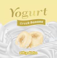 Grieks banaan yoghurt met probiotica plons etiket insigne sjabloon. vector