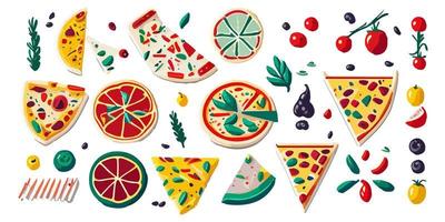 smakelijk pizza met olijven en tomaten, vlak vector ontwerp