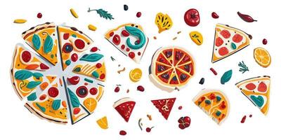 een verscheidenheid van toppings Aan deze vlak vector pizza illustraties voor uw menu