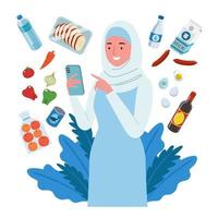 een glimlachen vrouw vervelend hijaab, boodschappen online winkelen. ze koopt fruit, vlees, groente, melk enz, door haar mobiele telefoon. vector