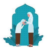 een moslim meisje is zoenen zijn moeders hand- terwijl haar moeders andere hand- beroertes de kinderen hoofd, met Islamitisch thema achtergrond. vector