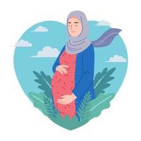 zwanger vrouw gebruik makend van hijab Gesloten haar ogen en glimlachen vredig met hart en planten achtergrond vector