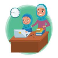 een moslim meisje is aan het leren met haar computer en vergezeld door haar moeder. vector