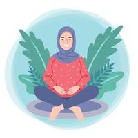 zwanger vrouw gebruik makend van hijab aan het doen een zwangerschap yoga en glimlachen met een planten achtergrond vector