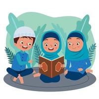 illustratie van drie jong moslim kind zijn lezing al-koran of de koran gelukkig samen. een van hen is Holding de koran, de anderen zijn toetreden haar naar lezen het. vector