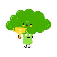 schattig grappig broccoli houden goud trofee beker. vector hand- getrokken tekenfilm kawaii karakter illustratie icoon. geïsoleerd Aan wit achtergrond. broccoli met winnaar trofee kop