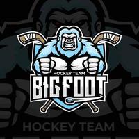 yeti mascotte logo voor de ijs hockey team logo. vector illustratie. met een combinatie van schilden insigne, puck en ijs hockey stok