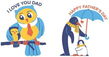 ik liefde u naar de maan en rug. schattig tekenfilm pinguïns met een paraplu. vader dag vector