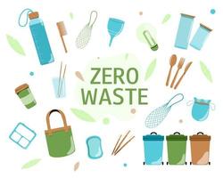 nul verspilling concept. verzameling van duurzaam en herbruikbaar items of producten. eco levensstijl. vlak vector illustratie.