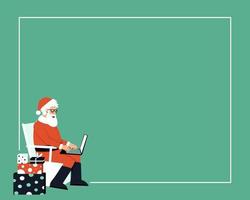 de kerstman zit tussen geschenken en schrijft een brief op een laptop vector