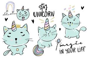 vector illustratie van schattig wit kat eenhoorn of caticorn leven werkzaamheid ontwerper inclusief werken, winkelen, Koken, het rijden, werken uit, enz