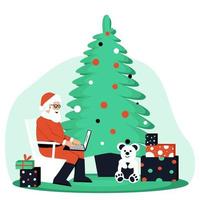 vrolijke kerstman met cadeautjes in de buurt van de kerstboom ontvangt e-mails vector