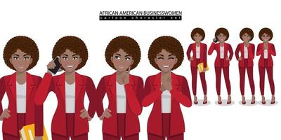 Afro-Amerikaanse zakenvrouw stripfiguur in verschillende poses geïsoleerde vector illustratie