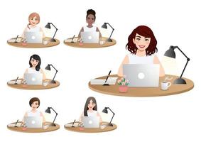 reeks diverse bedrijfsvrouwen die aan laptop vectorillustratie werken vector