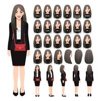 stripfiguur met zakenvrouw in zwart pak en schoudertas voor animatie. voorkant, zijkant, achterkant, 3-4 weergave karakter. afzonderlijke delen van het lichaam. vector illustratie.