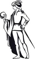 zwart en wit illustratie van gehucht met een schedel in zijn hand. acteur Toneelstukken de rol van gehucht, vector en illustratie