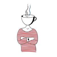 kop hoofd. meisje met een mok van heet thee of koffie in plaats daarvan van haar hoofd. vector