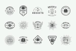 reeks van wijnoogst rugby en Amerikaans Amerikaans voetbal etiketten, emblemen, badges en logo. vector illustratie.