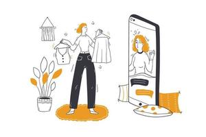 schoonheid, mode, boodschappen doen overleg concept. vrouw persoonlijk stilist tekenfilm karakter overleg plegen klant cliënt online. garderobe parsing keuze van kleren kleding en sorteren kleding illustratie. vector