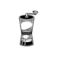 vector hand getekend ontwerp van handmatige handige vintage koffiebonen grinder. oude klassieke koffiemolen badge schets concept geïsoleerd op een witte achtergrond. gegraveerde stijltekeningen.