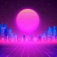 aftekenen nacht stad Aan horizon. 80s retro sci-fi achtergrond. cyberpunk of futuristische ontwerp in 80s stijl. vector illustratie