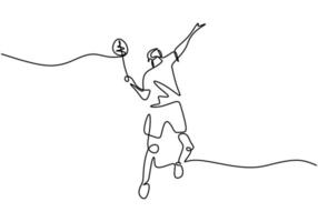 continu een lijntekening van jonge man atleet badminton spelen. een mannelijke sprong en hit shuttle met racket. competitieve sport concept hand getrokken kunst minimalisme ontwerp. vector illustratie
