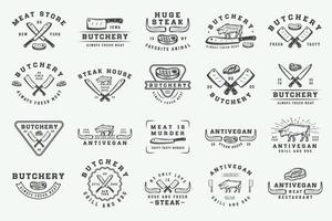 reeks van wijnoogst slagerij vlees, steak of bbq logo's, emblemen, insignes, etiketten. grafisch kunst. illustratie. vector. vector