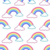 vector naadloze patroon kleurrijke regenboog met wolken op witte achtergrond, kinderdecor