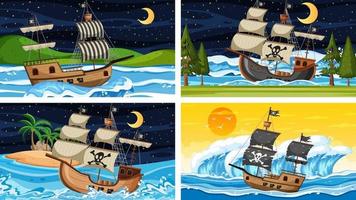 set van oceaan met piratenschip op verschillende tijdstippen scènes in cartoon-stijl vector