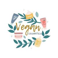 pictogram, logo van veganistische cosmetica. planten, takken, potjes crème en buizen, decoratieve elementen in een cirkel. vector afbeelding op een witte achtergrond