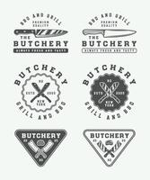 reeks van wijnoogst slagerij vlees, steak of bbq logo's, emblemen, insignes, etiketten. monochroom grafisch kunst. vector illustratie.