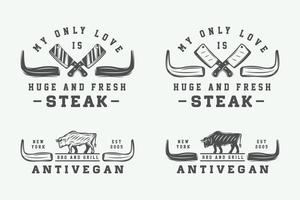 reeks van wijnoogst slagerij vlees, steak of bbq logo's, emblemen, insignes, etiketten. monochroom grafisch kunst. vector illustratie.