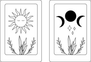 illustratie van de tarot kaart vector. zon en maan lijn kunst vector. mineralen, Kristallen, bladeren vector. vector