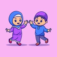 schattig gelukkig moslim jongen en meisje tekenfilm vector icoon illustratie