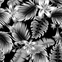 nacht oerwoud planten illustratie naadloos patroon Aan donker achtergrond. botanisch modieus ontwerp in grijs kleuren. ontwerp voor kleding stof, behang of inpakken papieren. bloemen achtergrond. exotisch tropen. zomer vector