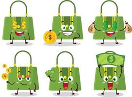 Dames zak tekenfilm karakter met schattig emoticon brengen geld vector