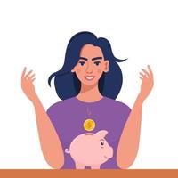 jong vrouw zetten een goud munt in een varkentje bank. geld besparing, economie concept. winst, inkomen, verdiensten, begroting, fonds. vecor illustratie. vector