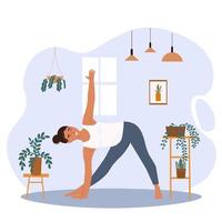 een vrouw doet yoga Bij huis in een kamer, houdt evenwicht. opdrachten voor meditatie, Gezondheid, uitrekken. vector vlak grafiek.