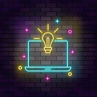 laptop, lamp neon icoon. onderwijs neon icoon Aan donker steen muur achtergrond. vector