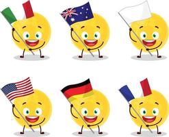 geel maan tekenfilm karakter brengen de vlaggen van divers landen vector