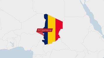 Tsjaad kaart gemarkeerd in Tsjaad vlag kleuren en pin van land hoofdstad n'djamena. vector