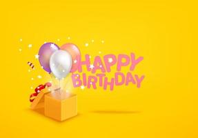 gelukkige verjaardag vector banner. geopende doos met luchtballonnen en confetti
