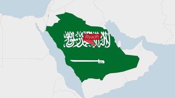 saudi Arabië kaart gemarkeerd in saudi Arabië vlag kleuren en pin van land hoofdstad riyad. vector