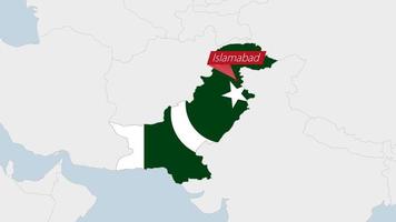 Pakistan kaart gemarkeerd in Pakistan vlag kleuren en pin van land hoofdstad Islamabad. vector