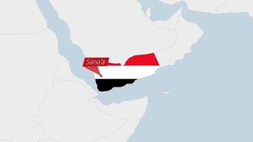 Jemen kaart gemarkeerd in Jemen vlag kleuren en pin van land hoofdstad sana'a. vector